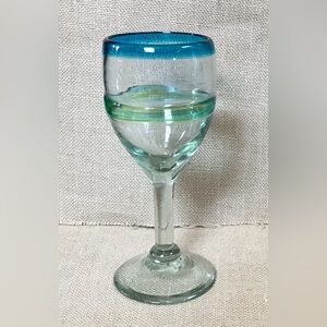 Vintage Blue Green Swirl Lines Goblet Hand Blown Glass Boho Fairy Core Coastal